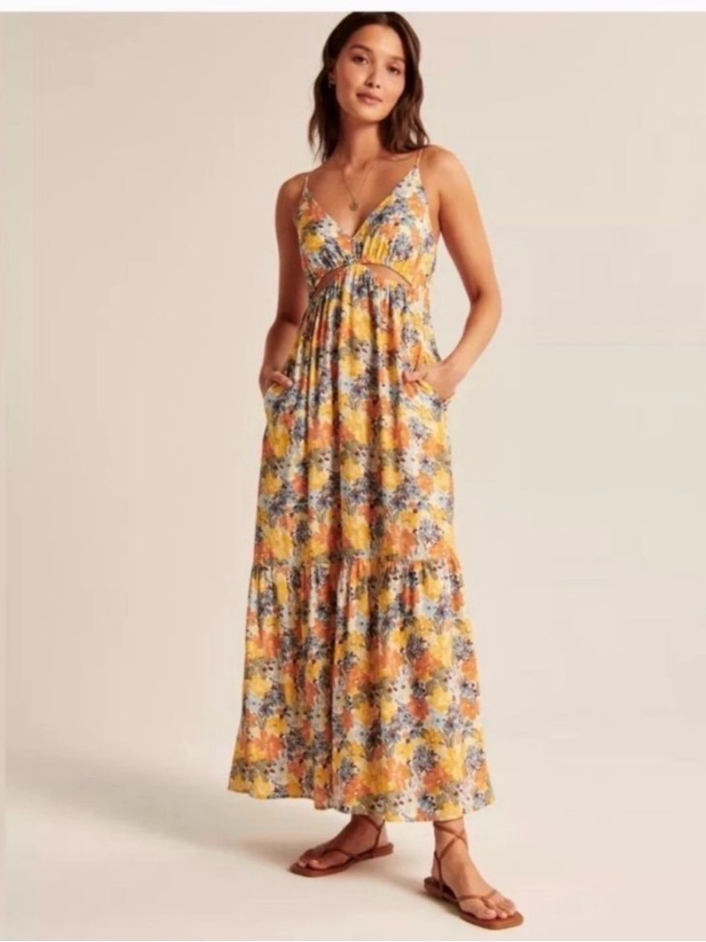Abercrombie & Fitch Yellow Floral V-Neck Maxi Dress with Cutout